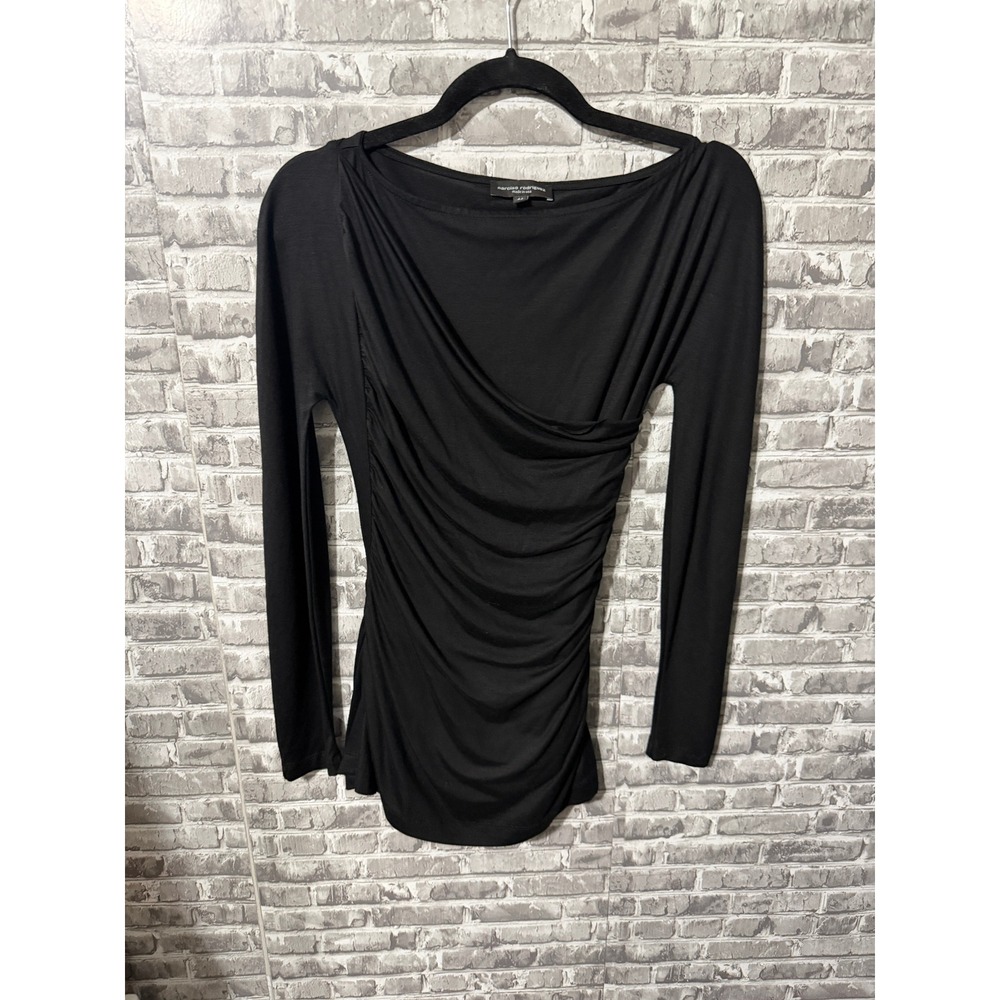 Narciso Rodriguez Black Ruched Asymmetrical Long Sleeve Top Size 44 Made in USA